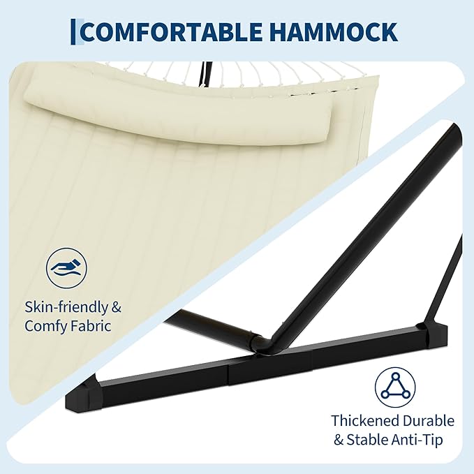 Garvee﻿ 2 Person Hammock with Stand for Outside, Double Hammock with Stand and Pillow, Max 450 Lbs Capacity with Balance Rope, Large Hammock for Outdoor Patio Backyard Poolside