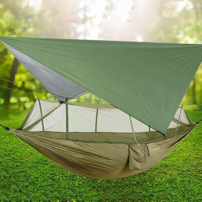 Camping Hammock, Double & Single Portable Hammock with Tree Straps, Lightweight Nylon Hammock Swing Set with Net and Rain Fly Tarp and Pocket for Backpacking Hiking Travel Outdoor(ArmyGreen)