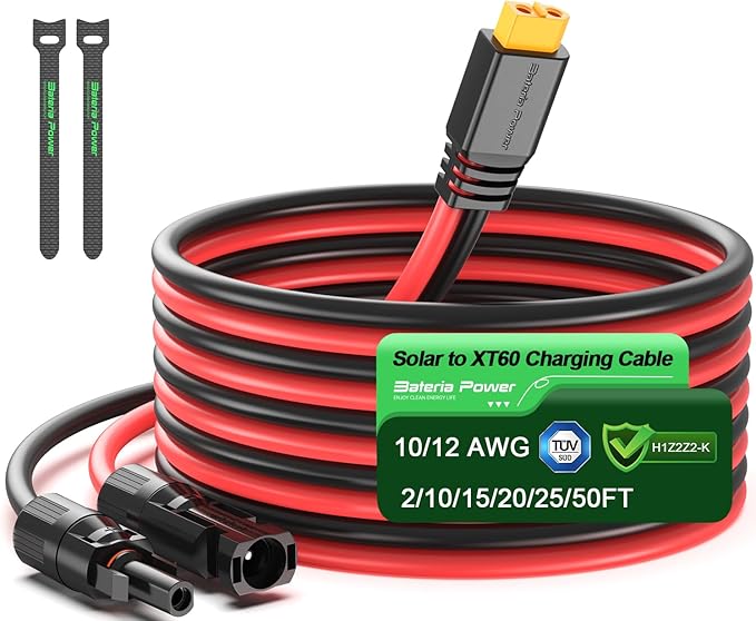 Bateria Power 10 Feet Solar to XT60 Extension Cable, 12AWG Solar Panel Connector to XT60 Charge Adapter for Connecting to Portable Power Station, RV, EcoFlow, Anker, BLUETTI & Generator