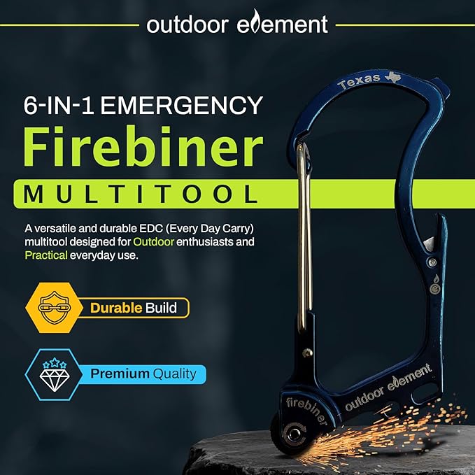 OUTDOOR ELEMENT Firebiner Custom Engraved 6-in-1 Fire Starter Carabiner Multitool – Survival Gear EDC Keychain with Utility Blade, Bottle Opener, Screwdriver, Emergency Tool