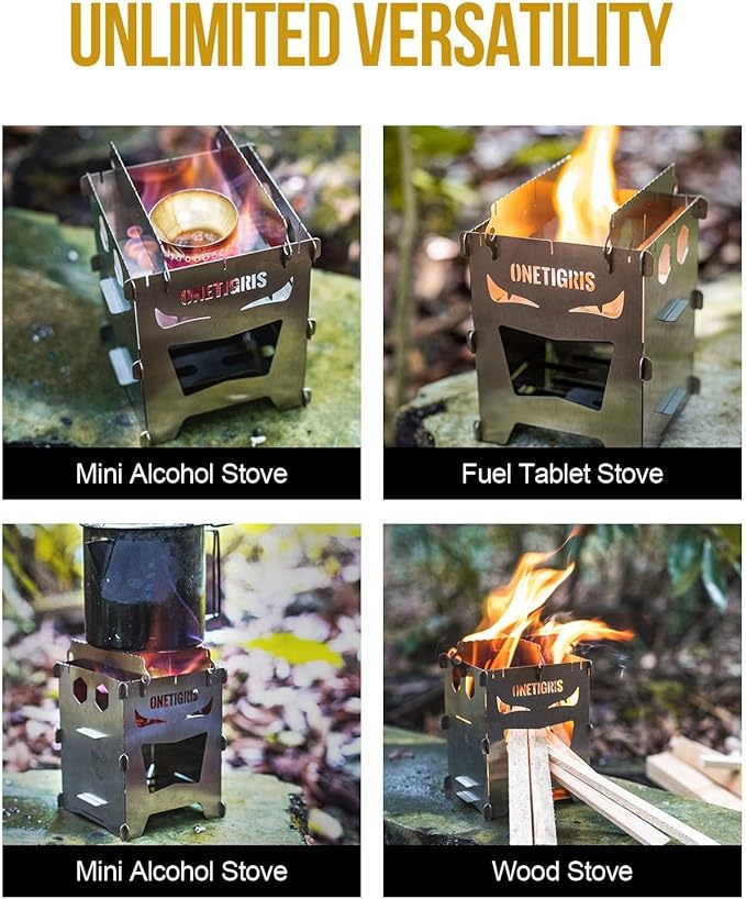 OneTigris Camping Backpacking Stove Portable Foldable Burning Wood Stove for Outdoor Hiking Picnic BBQ,Stainless Steel (Medium)