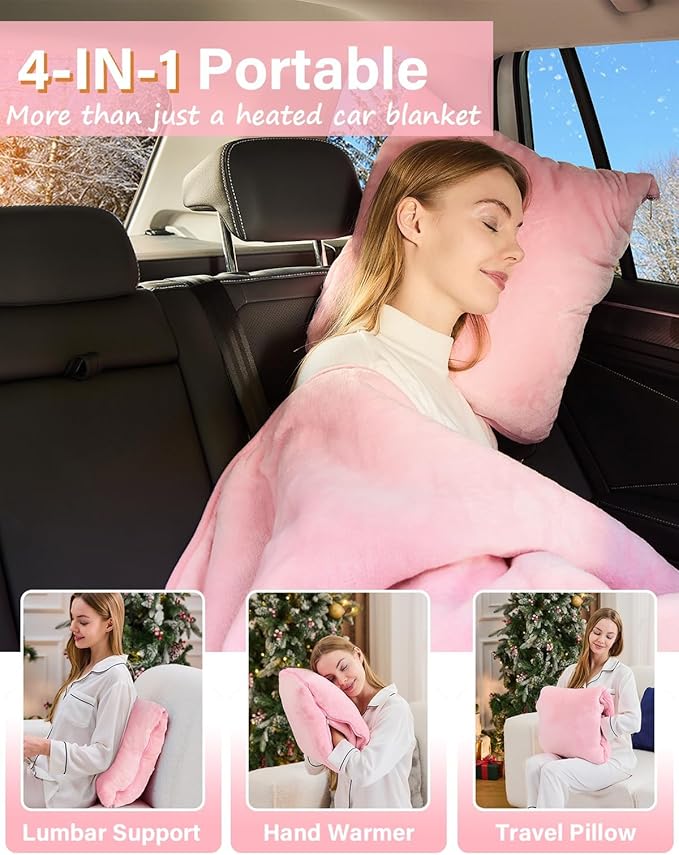Car Heated Blanket, 12/24V Portable Heated Blanket for Car, Machine Washable Flannel Travel Blanket, 3 Heating Levels, 60x44 Inches, 4-in-1 Design, Convenient Storage for Camping,Pink