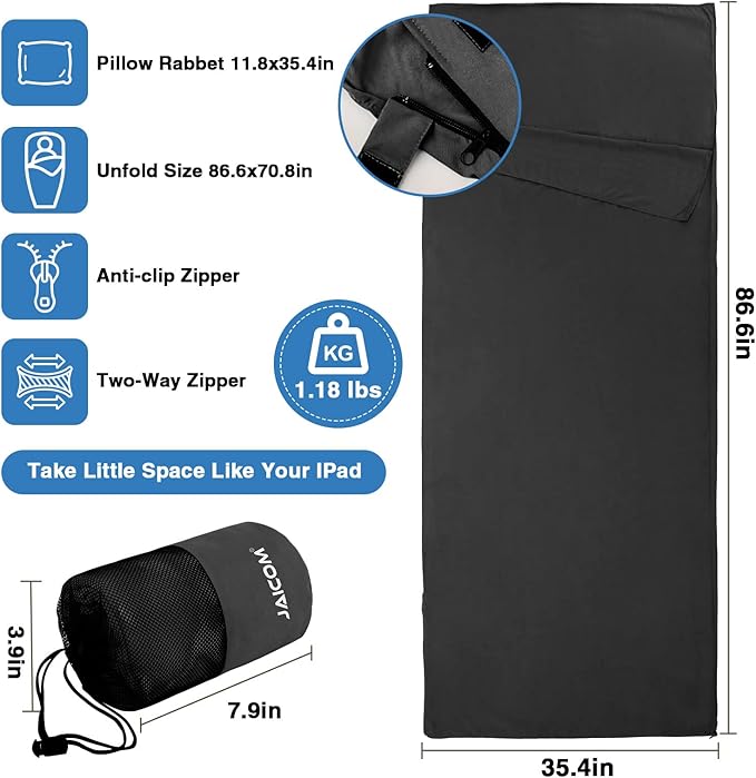 JAICOM Sleeping Bag Liner, Travel Sheets & Adult Sleep Sack, Ultralight and Portable Summer Sleeping Bag - Ideal for Backpacking, Hotels and Hostels, Business Trips, Camping