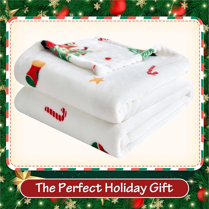 Edenleaf Christmas Blanket - White Holiday Throw with Santa Claus & Snowman - Warm Cozy Fleece Winter Blanket, 60x80 Inches，White