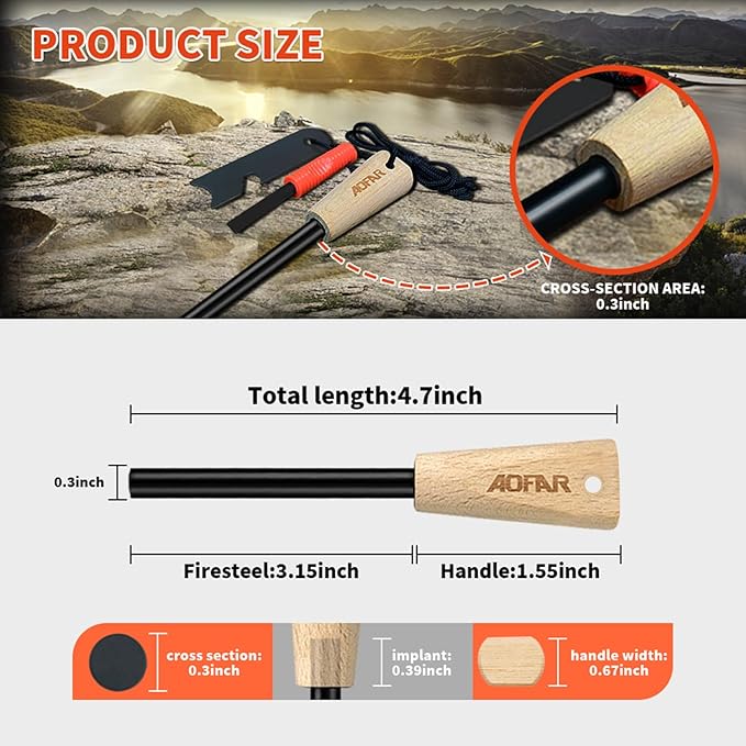 AOFAR Fire Starter, AF-382 Ferrocerium (Ferro) Rods, Fire Starter Kit with Two Multi-Tool Fire Strikers, Paracord Lanyard for Camping, Hiking, Emergency Rescue