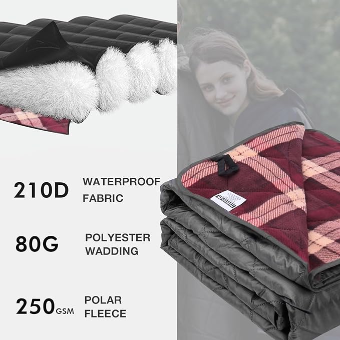DUKUSEEK Large Camping Blanket - Waterproof, Quilted, Extra Thick Fleece, Warm, Windproof, Wearable, Includes Foldable Hood and Stuff Sack for Car, Outdoor Sports, Picnics, Stadiums, Dogs
