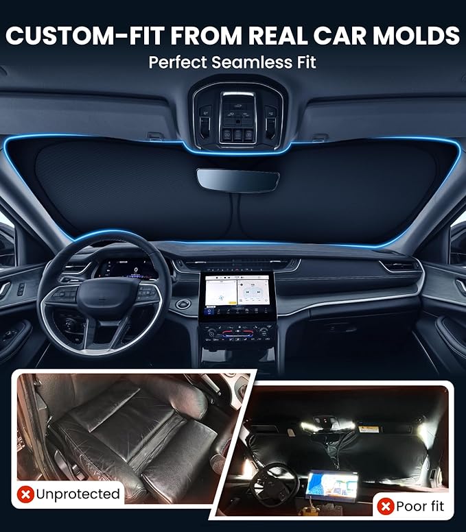 Zanch Custom Windshield Sun Shade for Jeep Grand Cherokee 2022-2024, 7-Layer UV & Heat Block, 3D Laser Scanned, Interior Protection, Keep Car Cooler, Foldable SUV Accessories