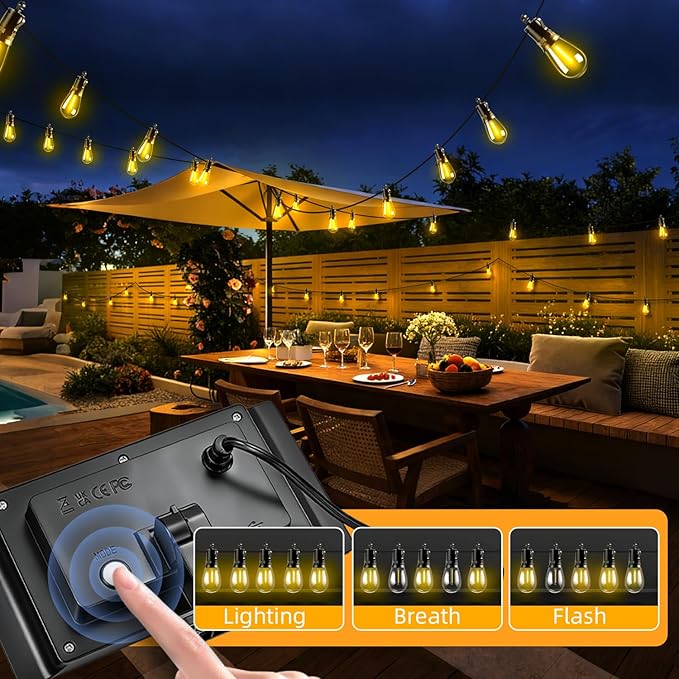 Solar Lights Outdoor Patio Lights: S14 15M 50FT Solar Powered 3 Light Modes Solar Waterproof Light - Shatterproof Bulbs - Camping Backyard Garden Deck Outside Yard