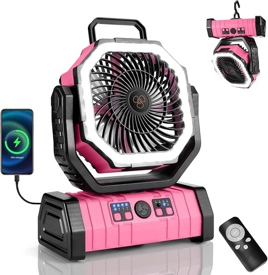 Odoland 30000mAh Camping Fan with LED Lantern, Rechargeable Battery Operated Oscillating with Remote Hook, Portable Tent Fan with Timer, 4 Speeds for Outdoor RV Jobsite Power Outage, Pink