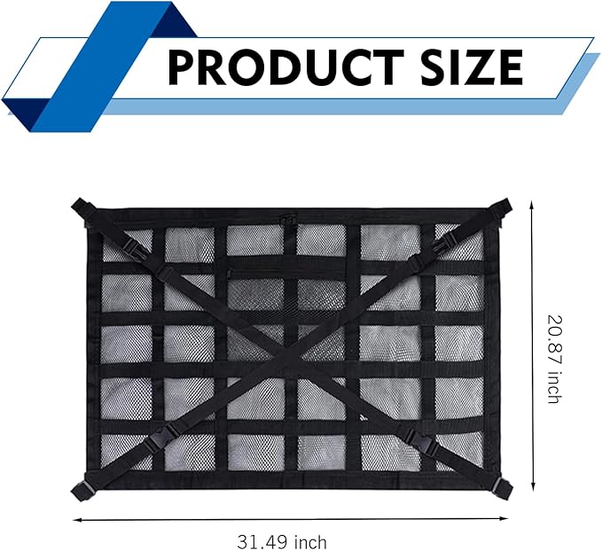 WZP Car Ceiling Cargo Net, 31.5" x 21.6" Double-Layer Mesh Car Roof Storage Ceiling Cargo Net with Adjustable D-Buckle, Universal Auto Accessories for SUVs, Road Trips, Camping Essentials