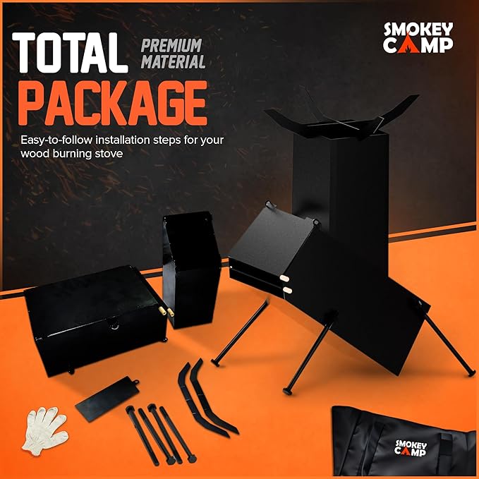 Rocket Stove for Camping Heavy Duty Wood Burning Stove with Adjustable Legs, Portable Wood Burning Fire Camping Stove, Cooking Camping Grilling Outdoor Backyard BBQ Stove with Storage Bag, Rod, Gloves
