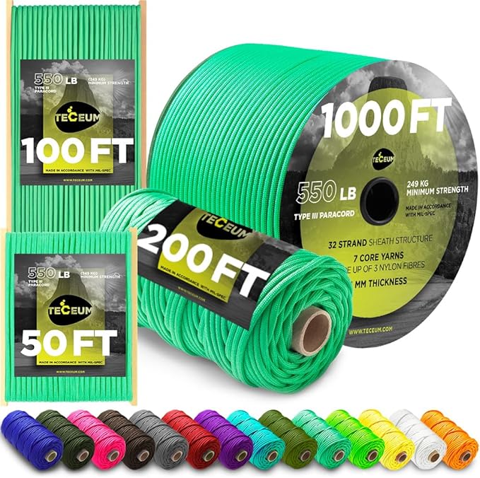 TECEUM Reflective Paracord Rope 1000 – 1000ft/200ft/100ft/50ft – 40+ Colors – Glow in The Dark – para Cord – Utility Rope for Survival, Hunting & Camping Gear – Nylon String, Camping Rope, Tent Cord