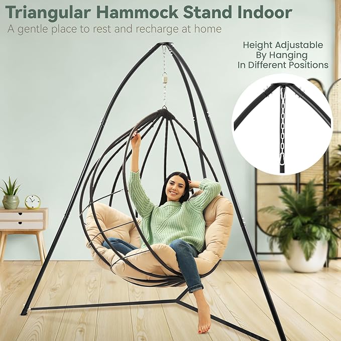Hammock Chair Stand for Multi-Use, Heavy-Duty Hammock Chair Stand for Indoor & Outdoor, with Height Adjustable Triangular Design, 330 lbs Capacity Hanging Chair Stand, Stand Only - Black