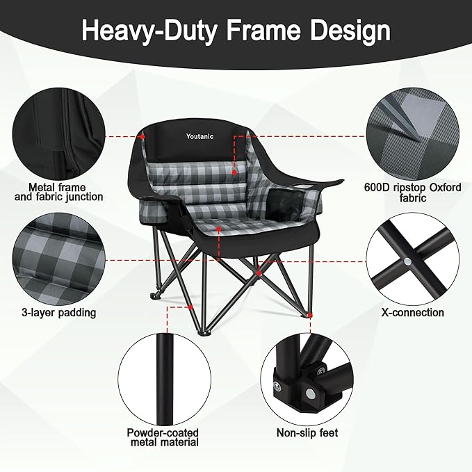 Youtanic Padded Camping Chairs for Adults, Heavy Duty 400 lbs Foldable Lawn Chair, Oversized Ergonomic Outdoor Seat with Classic Plaid Design, Cup Holders & Storage Pockets for Fishing, Sports, Black
