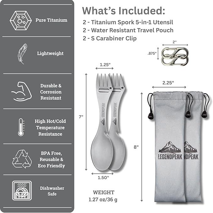 Titanium Spork 5-in-1 Camping Utensil Set 2-Pack – Ultralight Backpacking Silverware with Knife, Bottle Opener & Peeler, Includes Individual Travel Pouches & Carabiners