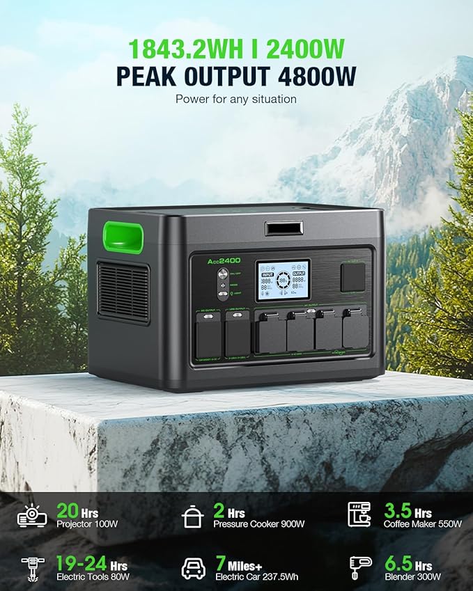 2400W Portable Power Station, 1843Wh LiFePO4 Solar Generator UPS Home Battery Backup Power w/4 2400W AC Outlets,2 PD100W, 2Hrs Fast Charging for Outdoor Camping, RV Travel,Emergency (4800W Peak)