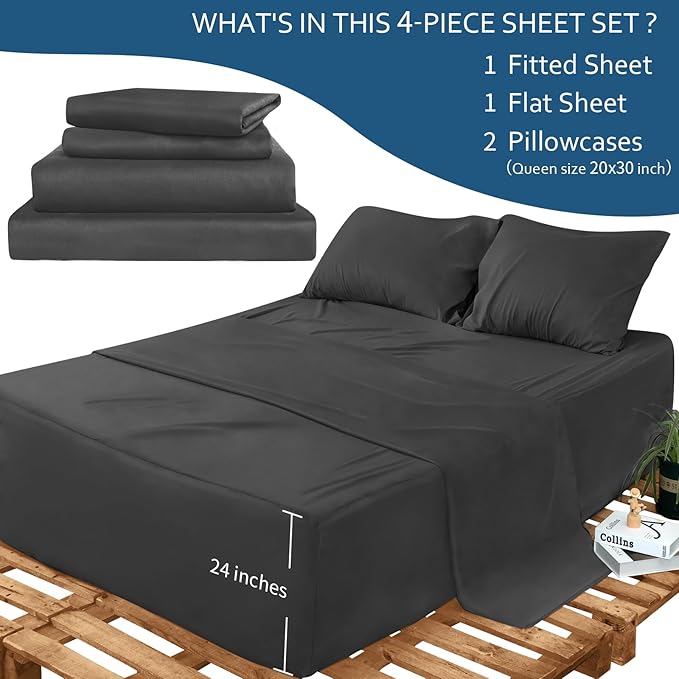 Moonsea Deep Pocket Twin XL Sheet Sets - Extra Long Twin Sheets - 4 Piece Bed Sheets Twin XL Fade Resistant Fits 16in to 24in Pillow Top Air Bed Mattress - Black