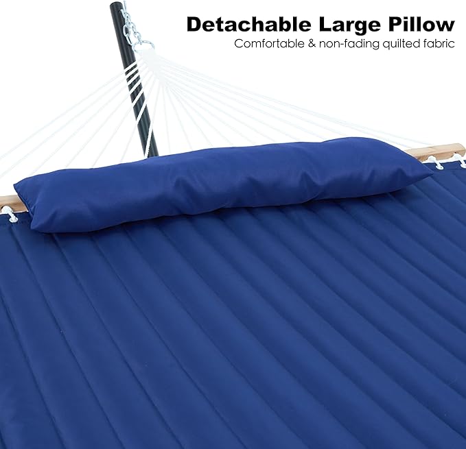 GAFETE 2 Person Hammock with Stand for Outside, Heavy Duty Steel Stand, Double 55inch Hammocks, Large Removable Pillow, Storage Bags, Max 475 lbs Capacity (Blue)