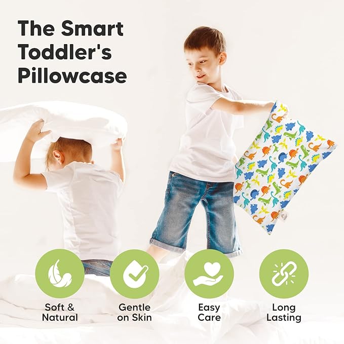 KeaBabies Toddler Pillowcase 13"x18" - Organic Cotton Toddler Pillowcase for Kids, Boys,Girls,Soft & Durable Cotton Cover for Miniature Sleepy Pillows,Cute Colors,Pillow Sold Separately(Happy Dino)