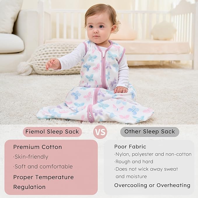 Baby Sleep Sack 6-12 months, 100% Cotton Sleeping Sack for Newborn and Infant, 3 Pack Baby Wearable Blanket, 0.5 Tog Lightweight Double Zipper Sleep Bag Medium Pink Butterfly Flower