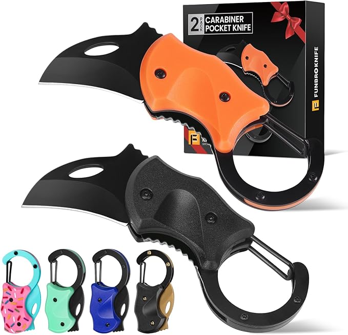 FUNBRO 2 Pack Small Pocket Knife Gifts for Men & Women, Folding Box Cutter, Birthday & Christmas Stocking Stuffers Gifts Idea for Wife Husband Dad Mom (Black & Orange)