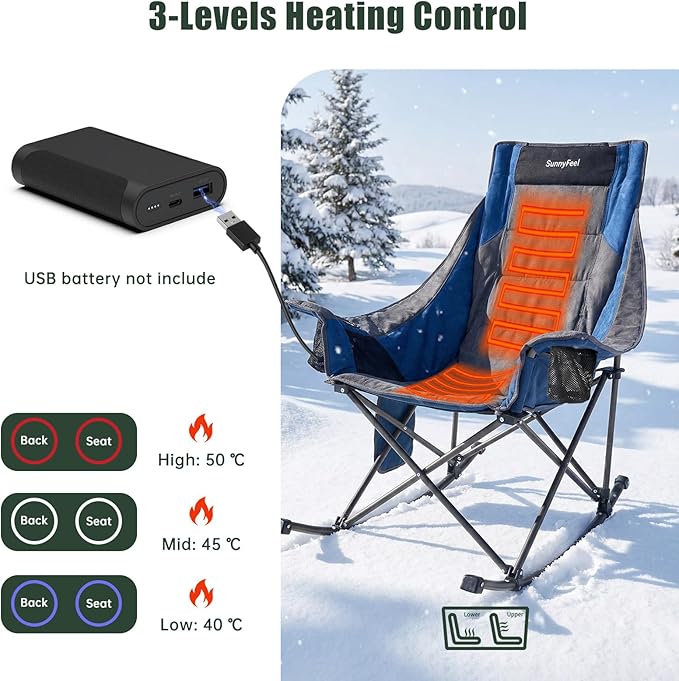 SUNNYFEEL Heated Rocking Camping Chair Fully Padded Patio Folding Chair Portable Oversized Outdoor Rocker High Back Lawn Recliner with Side Pocket Camp Rocker Chairs for Adults Heavy Duty 500 LBS Blue