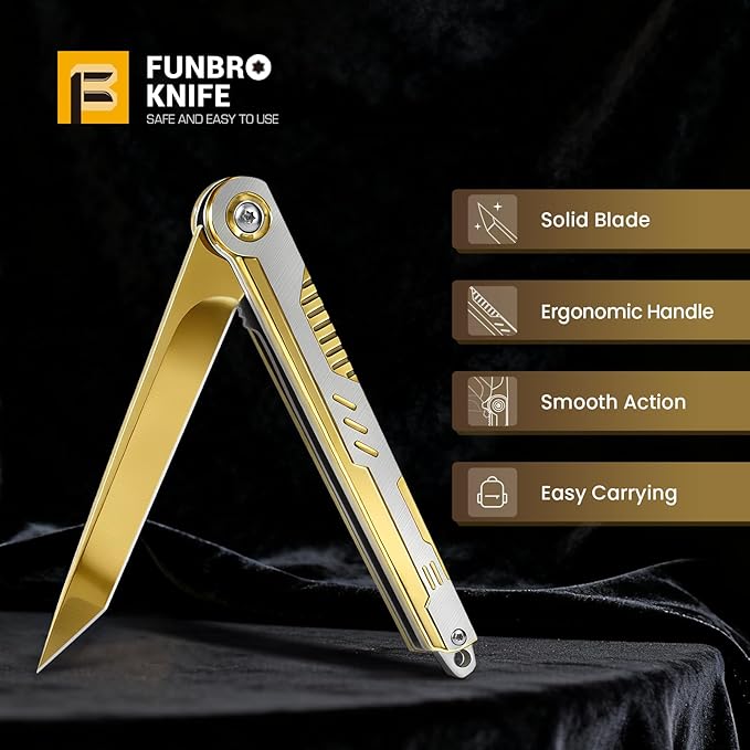 FUNBRO Cool Pocket Knife Gifts for Men, EDC Tanto Blade Folding Knives with Clip, Flipper Open Survival Knife with Window Breaker and Liner Lock for Outdoor Camping (Gold)