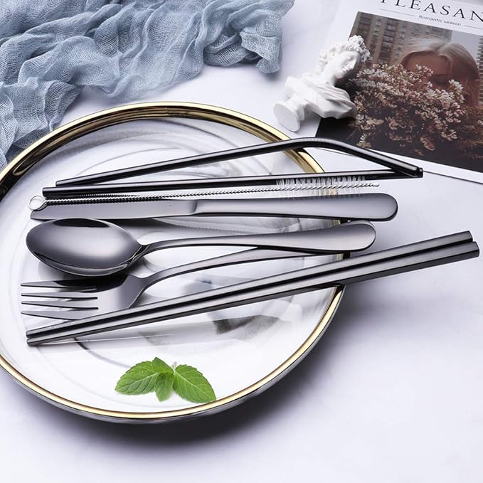 Travel Utensils Set with Case – 8-Piece Reusable Stainless Steel Camping Cutlery Set for Lunchbox, Office, School – Portable Fork Spoon Knife Chopsticks – Dishwasher Safe – Black