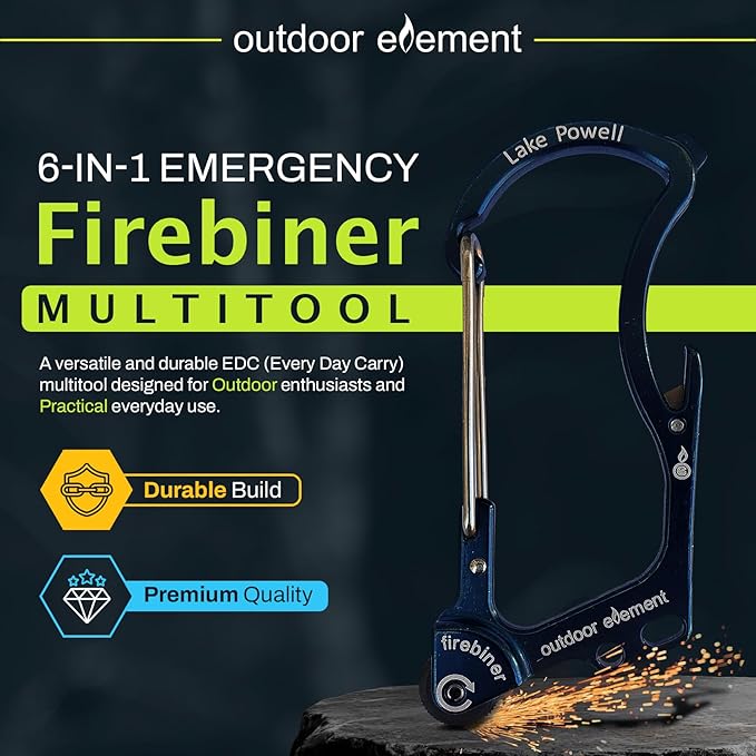 OUTDOOR ELEMENT Firebiner Custom Engraved 6-in-1 Fire Starter Carabiner Multitool – Survival Gear EDC Keychain with Utility Blade, Bottle Opener, Screwdriver, Emergency Tool