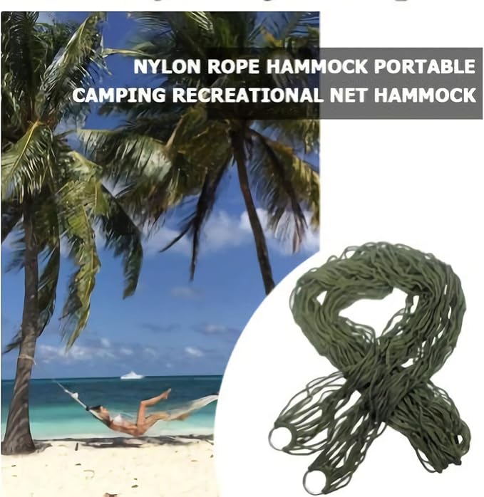 KNC Outdoor Travel Camping Sport Hammock with Tree Straps for Hanging, Army Green Net Mesh Nylon Sleeping Bed Swing with Hooks for Garden Beach Camping Hunting Hiking Traveling
