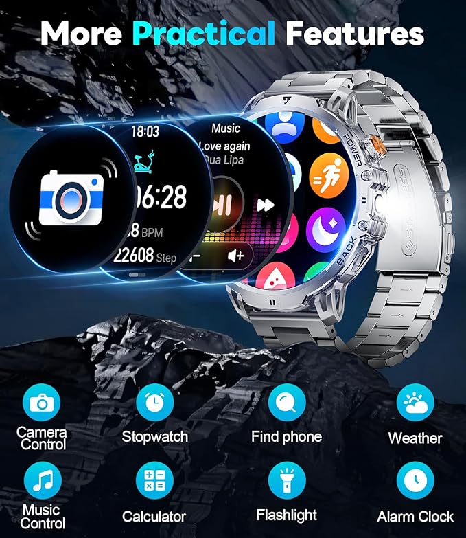 Military Smart Watch for Men, 1.85" HD Large Screen, Bluetooth Call/1000mAh/Flashlight/Heart Rate Sleep Monitor, 110+ Sports Modes Fitness Tracker Watch for Android iOS, Holiday, Silver Steel