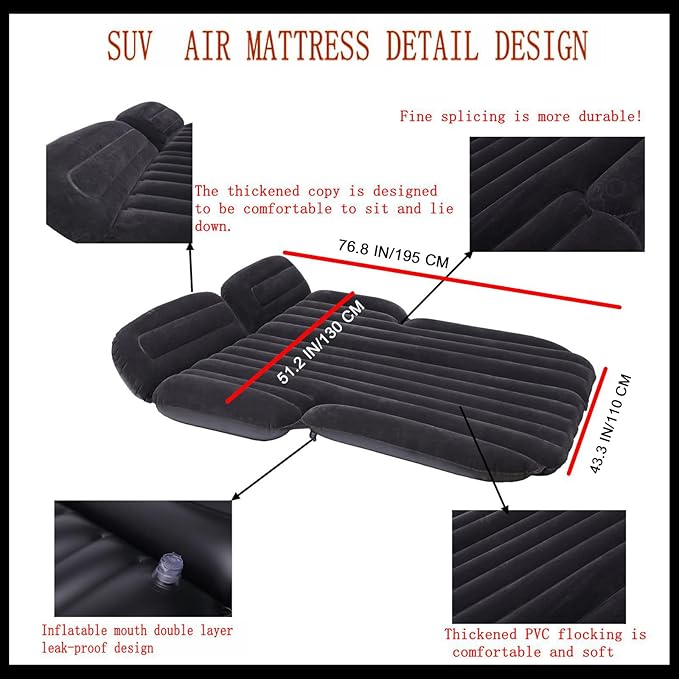 Onirii Inflatable SUV Air Mattress,Thickened Flocking Car Travel Camping Bed with 2 Pillows & Air Pump,Portable Car Sleeping Mattress for SUV Trunk and Rear