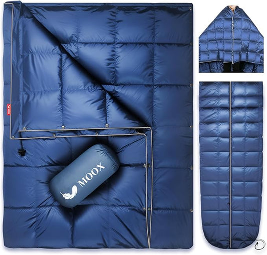 MOOX Down Camping Blanket - Packable Down Camping Quilt Backpacking Lightweight Waterproof Outdoor Hiking Stadium Warm Puffy Sleeping Bag 55"x79" Water Resistant Camp Travel Blanket, Blue Gray