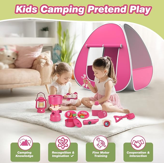 Kids Camping Set with Tent - Pop Up Tent, Kids Play Tents Outdoor Toys Camping Tools Set Gift for Girls Age 3 4 5 6 Year Old Birthday Christmas