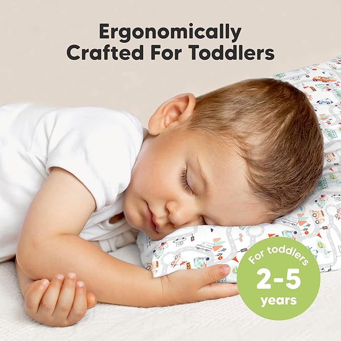 Toddler Pillow with Pillowcase - 13x18 My Little Dreamy Kids Travel Bed Pillows for Sleeping, Organic Cotton Small Pillowcase, Soft & Breathable, Machine Washable, Toddlers 2-5 years old (Roadway)
