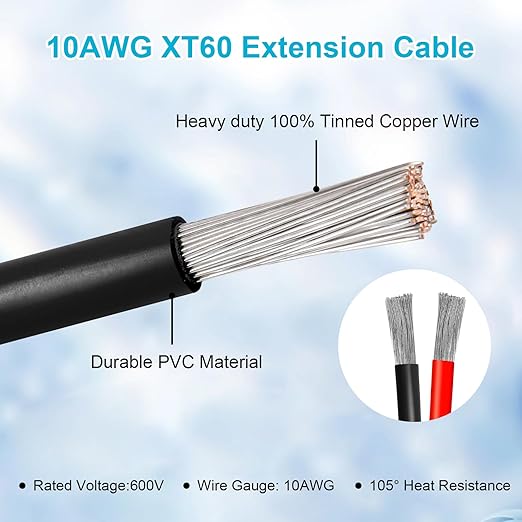 10AWG 50FT XT60 Extension Cable 2 3 5 10 15 20 25 30 35 40 50 75 100FT XT60 Female to Male Connector for Portable Power Station Solar Panel RC Battery