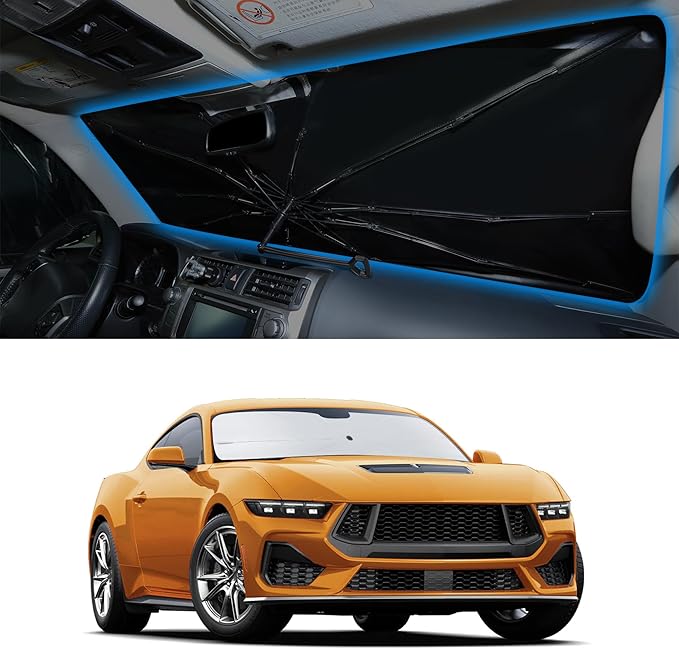 Windshield Sun Shade Umbrella Custom Fit for 2015-2026 Fo-rd Mustang Accessories Foldable Sunshade Sun Blocker Protect Car from Sun Rays & Heat Damage Keep Car Cooler