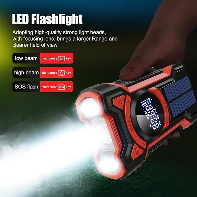 Emergency Radio Hand Crank Solar 5000mAh, IP65 Waterproof Dustproof Bluetooth 5.3 Portable AM/FM/NOAA Weather Alert Radio with Flashlight, Phone Charger, SOS, Headphone Jack- (Red)