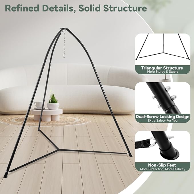 Hammock Chair Stand for Multi-Use, Heavy-Duty Hammock Chair Stand for Indoor & Outdoor, with Height Adjustable Triangular Design, 330 lbs Capacity Hanging Chair Stand, Stand Only - Black