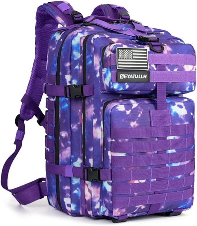 45L Military Tactical Backpack for Men & Women Bug Out Bag Assault pack Molle Daypack Hiking Trekking Rucksack (Purple tie-dye)