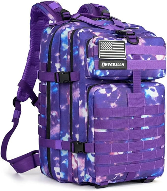 45L Military Tactical Backpack for Men & Women Bug Out Bag Assault pack Molle Daypack Hiking Trekking Rucksack (Purple tie-dye)