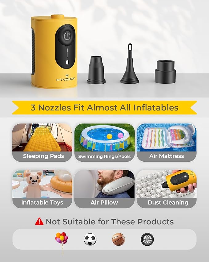 Portable Air Pump for Inflatables, 4000mAh Ultra Fast Air Mattress Pump with Advanced Heat Dissipation, 3 Nozzles Electric Air Pump Inflate Deflate for Sleeping Pads, Pool Floats