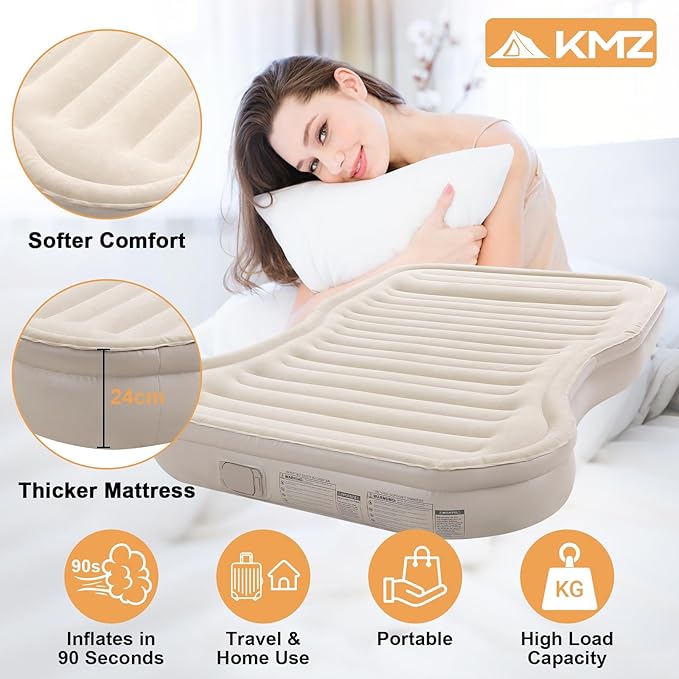 KMZ SUV Air Mattress with Built-in Pump & 2 Pillows, Thickened Flocked PVC, Quick 90-Seconds Inflation Air Bed, Portable & Durable Car Air Bed for Camping, Travel, Truck (Khaki)