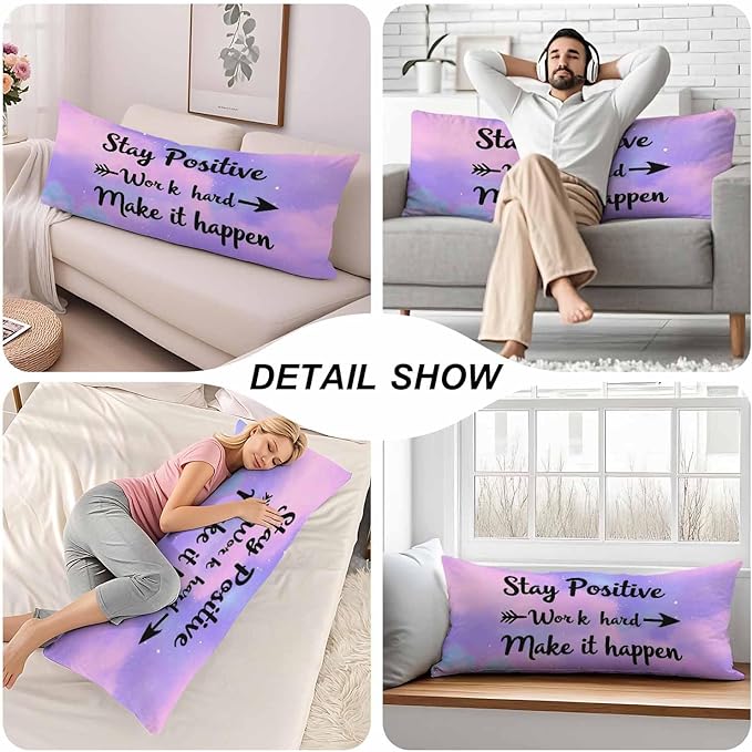 Inspirational Quote Body Pillow Covers Stay Positive Work Hard Make It Happen Lumbar Body Pillow Case 20"X54" Body Pillowcase Cushion Cover for Home Bedroom Office Hotel, Purple Galaxy