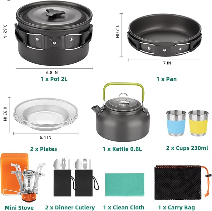 18pcs Camping Cookware Kit, Aluminum Non-Stick Pot, Pan and Kettle Set with 2 Set Stainless Steel Cups Plates Forks Knives Spoons for Backpacking and Hiking Camping