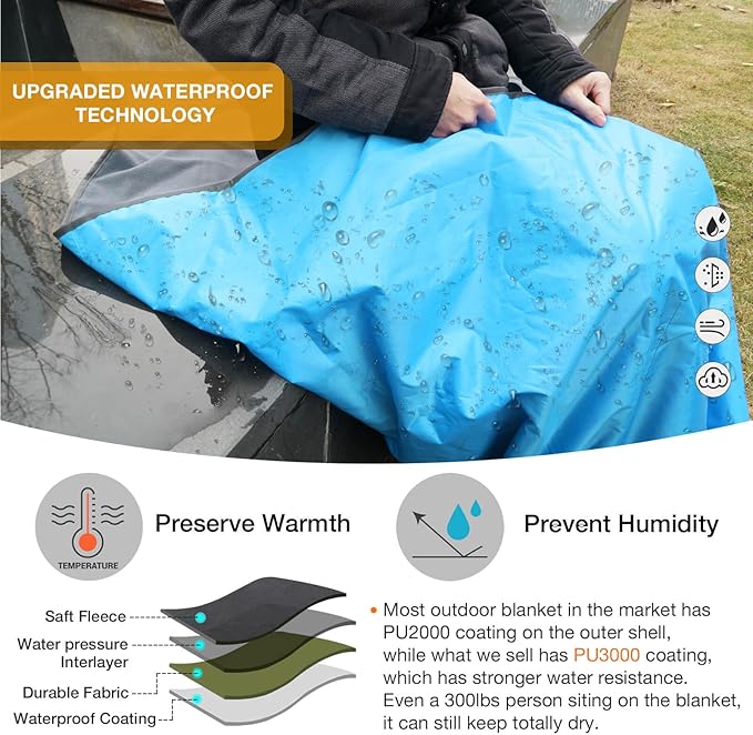 Outdoor Waterproof Camping Blanket - Hooded Fleece Windproof Blanket for Stadium, Sporting Events, Concert, Picnic, Car, Boat - Packable Camp Blanket for Cold Weather, Camping Gear Must Haves…