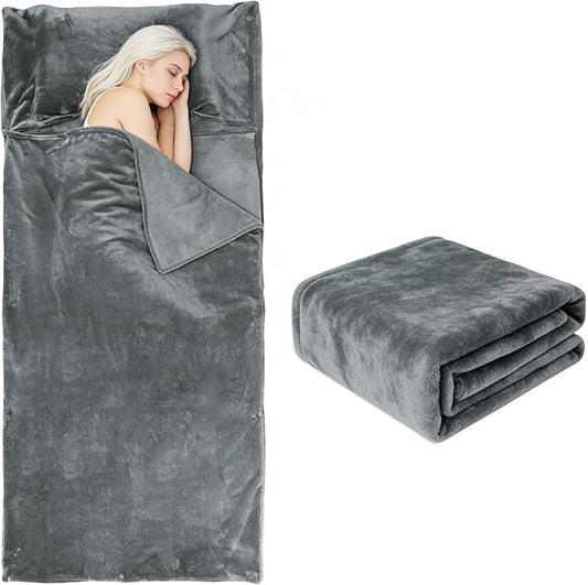Tuphen Flannel Sleeping Bag Liner, XXL Fluffy Adult Sleeping Sack with Hidden Zipper for Warm or Cold Weather, Thick Travel Sheets for Hotel,Camping,Backpacking,Traveling & Dirty Proof,Gray,86 x 41‘’