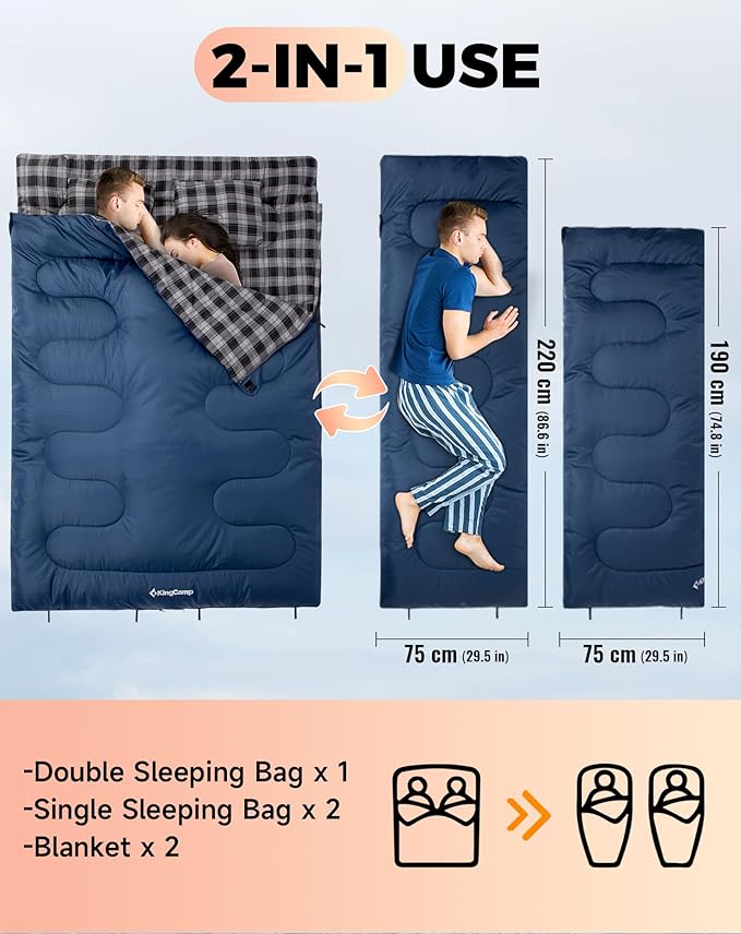 KingCamp Double Sleeping Bag for Adults, Queen Size 2 Person XXL Flannel Sleeping Bag, Waterproof Lightweight Flannel Quilt with 2 Pillows, Perfect for Couples Family Camping Hiking