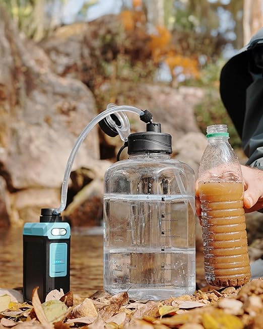 BKLES 3-in-1 Solar Electric Water Filter with Hand Pump - Camping Water Filtration System Survival, Portable Water Purifier with Emergency Light, Survival Kit for Backpacking, Birthday Gifts for Men