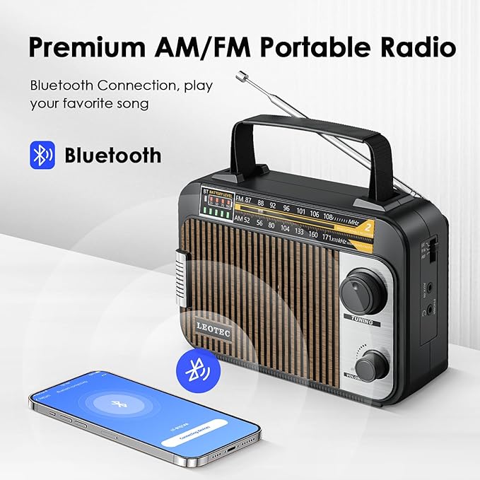 LEOTEC AM FM Radio with Bluetooth,Portable Vintage Transistor Radio Rechargeable Battery/4 AA Cell Battery Operated/Plug in Wall,AUX,Big Speaker,Headphone Small Gifts for Senior